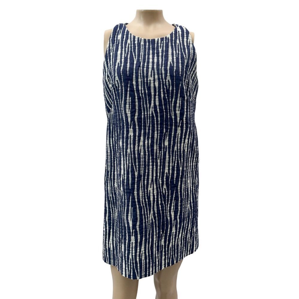 Milly‎ Sleeveless Textured Zebra Jacquard Shift Mini Dress Back Zip Navy White 6